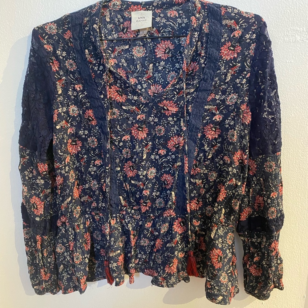 Blue & red floral blouse with lace details